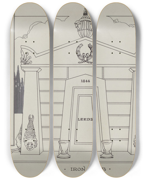 Triptych art skateboard deck of Thomas Byrne Iron Tomb by Thomas Byrne