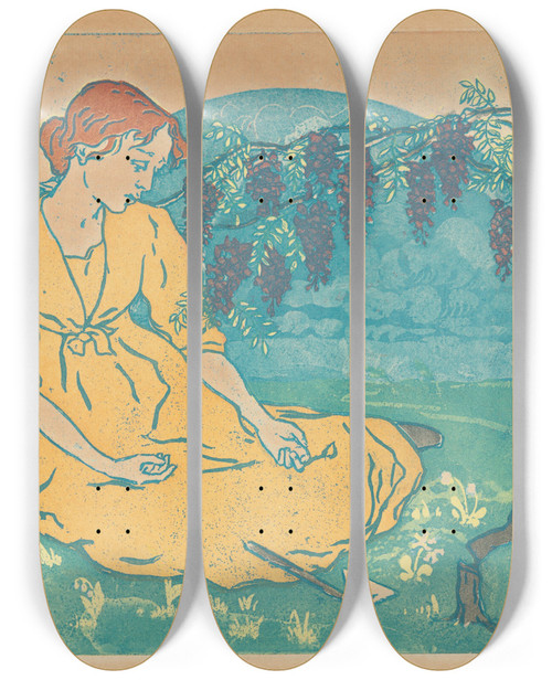 Triptych art skateboard deck of Maria Yakunchikova Girl In The Garden by Maria Yakunchikova (1870-1902)