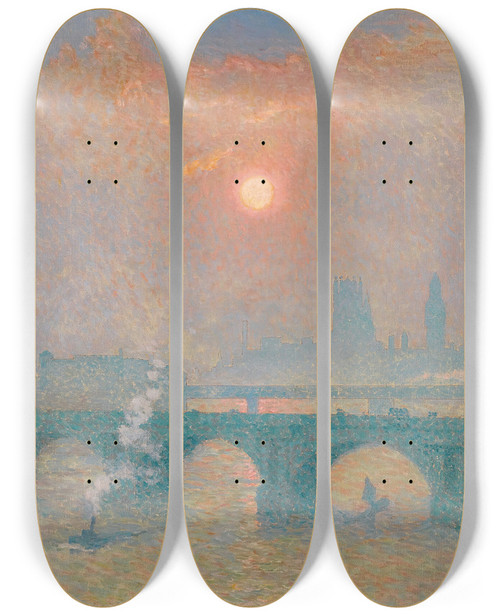 Triptych art skateboard deck of Emile Claus Waterloo Bridge London by Emile Claus (1849-1924)
