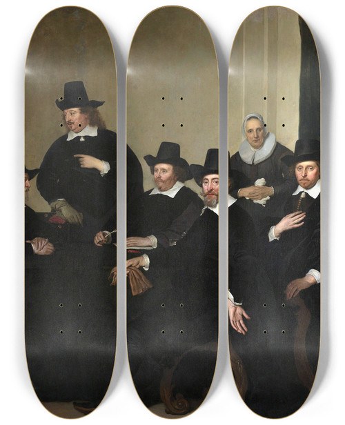 Triptych art skateboard deck of Jacob Adriaensz Backer Regenten Regents Of The Nieuwe Zijds Institute For The Outdoor Relief Of The Poor Amsterdam C 1650 by Jacob Adriaensz Backer (1609-1651)