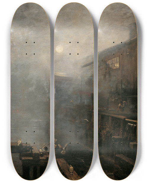 Triptych art skateboard deck of Emil Jakob Schindler Sgemhle Im Morgennebel by Emil Jakob Schindler (1842-1892)