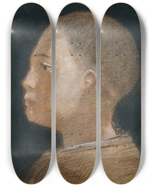 Triptych art skateboard deck of Odilon Redon Tte De Jeune Garon by Odilon Redon (1840-1916)