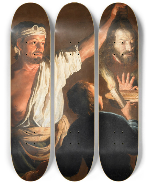 Triptych art skateboard deck of William Dobson The Executioner With The Head Of John The Baptist by William Dobson (1610-1646)