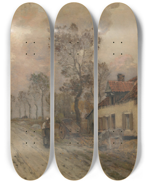 Triptych art skateboard deck of Jean Charles Cazin The Route Nationale At Samer by Jean Charles Cazin (1840-1901)
