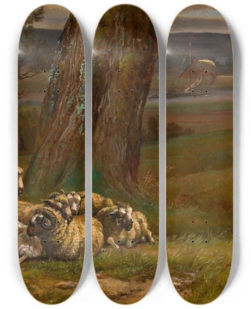 Triptych art skateboard deck of Johan Christian Dahl Landscape By The River Elbe Sauer Ved Elven by Johan Christian Dahl (1788-1857)
