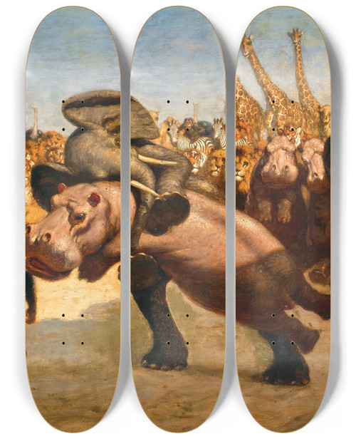 Triptych art skateboard deck of Gabriel Von Max Monkeys As Referees In The Fight Between An Elephant And A Hippopotamus by Gabriel Von Max (1840-1915)