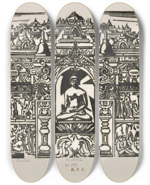 Triptych art skateboard deck of Johannes Frederik Engelbert Ten Klooster Zijaanzicht Van De Borobudur by Johannes Frederik Engelbert Ten Klooster (1873-1940)