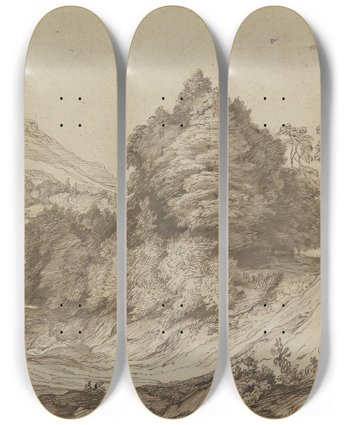 Triptych art skateboard deck of Jacob Esselens Gebirgslandschaft Mit Wald Links Am Weg Ein Sitzender Und Ein Stehender Mann by Jacob Esselens (1626-1687)