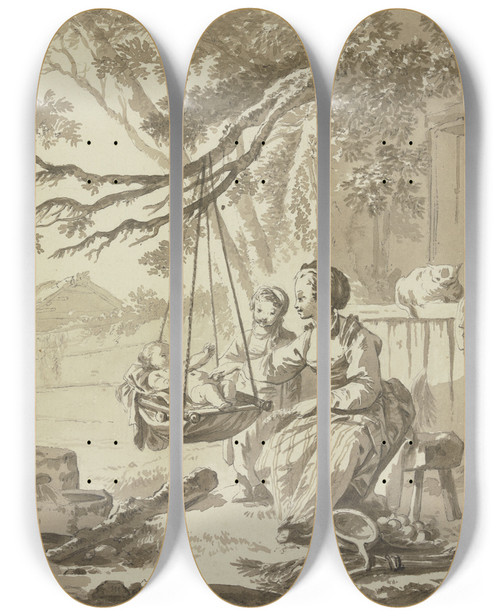 Triptych art skateboard deck of Jeanbaptiste Le Prince The Cradle by Jean-Baptiste Le Prince (1734-1781)