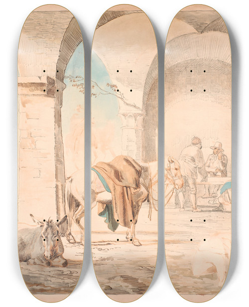 Triptych art skateboard deck of Johan Thomas Lundbye Scene Fra Et Osteri_1 by Johan Thomas Lundbye (1818-1848)
