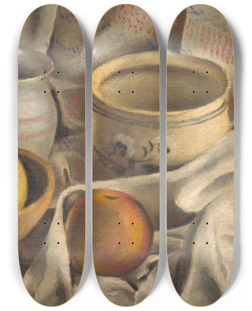 Triptych art skateboard deck of Mikul Galanda Still Life With Ceramic Pots And Apples by Mikulas Galanda (1895-1938)