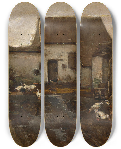 Triptych art skateboard deck of Max Liebermann Bauernhof In Barbizon by Max Liebermann (1847-1935)