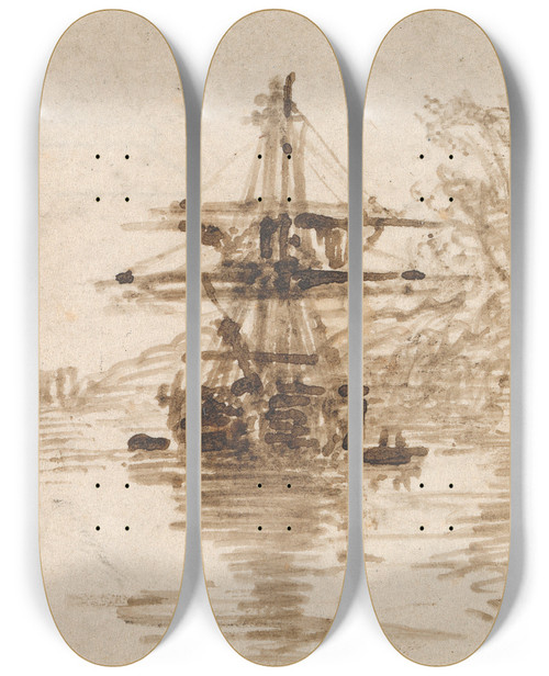Triptych art skateboard deck of Edward Calvert A Brig At Anchor Trees Beyond by Edward Calvert (1799-1883)