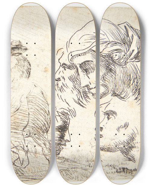 Triptych art skateboard deck of Karel Dujardin Studie Af Hoveder by Karel Dujardin (1622-1678)