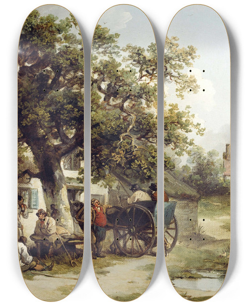 Triptych art skateboard deck of George Morland The Bell Inn Kilburn by George Morland (1763-1804)