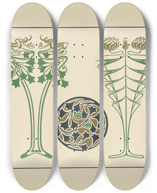 Triptych art skateboard deck of Maurice Pillard Verneuil Abstract Design Based On Leaves by Maurice Pillard Verneuil (1869-1942)