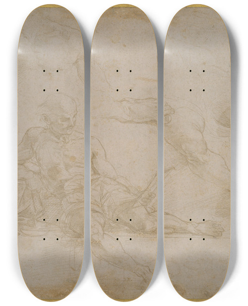 Triptych art skateboard deck of Raphael Study Of Diogenes In The School Of Athens by Raphael (1483-1520)