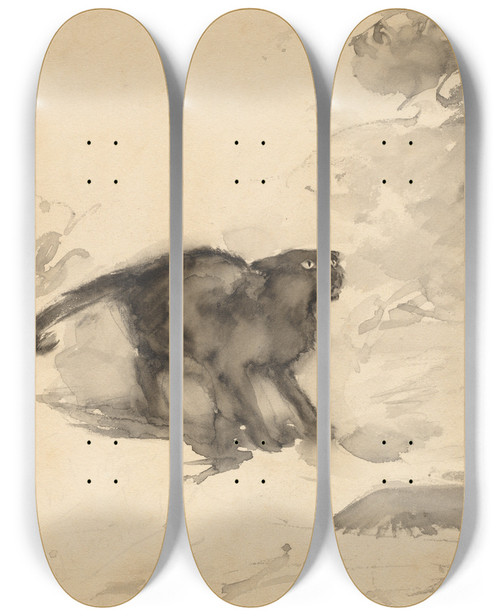 Triptych art skateboard deck of Arthur Rackham The Parrot And The Cat Sketch For Goodnight By Eleanor Gates by Arthur Rackham (1867-1939)