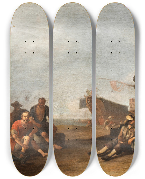 Triptych art skateboard deck of Johannes Lingelbach View On A Sourthern Harbor With Merchants And Prisoners A Ship And The Statue Of Ferdinand I De Medici In Livorno by Johannes Lingelbach (1622-1674)