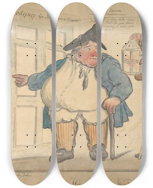 Triptych art skateboard deck of George Moutard Woodward Late Hours Or The Watchmans Doubt by George Moutard Woodward (1765-1809)
