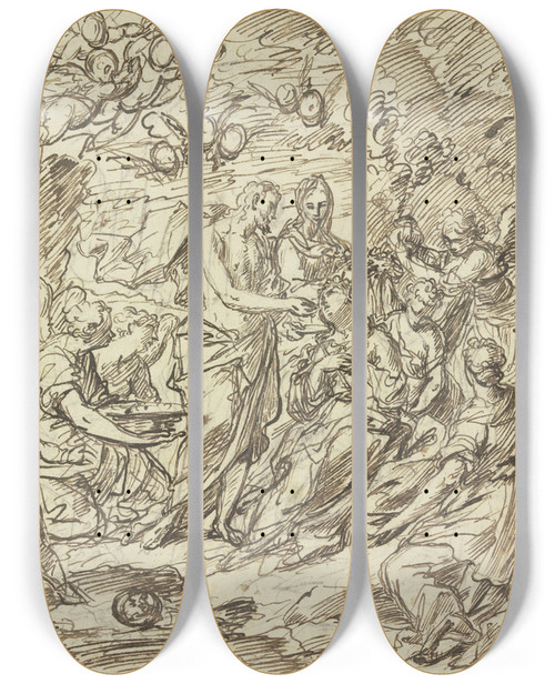 Triptych art skateboard deck of Agostino Masucci Eine Heilige Wird Von Maria Mit Blumen Gekrnt Und Bekommt Von Christus Die Hostie Eine Engelschar Umgibt Die Gruppe by Agostino Masucci (1692-1768)