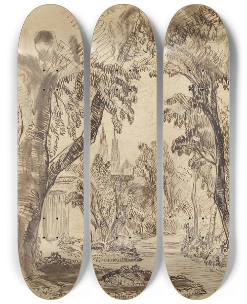Triptych art skateboard deck of Robert Caney A Treelined Garden Path Preliminary Sketch For Sleeping Beauty And The Beast by Robert Caney (1847-1911)