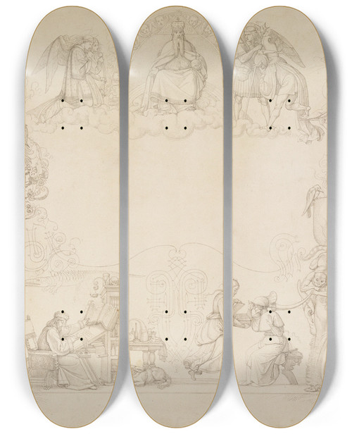 Triptych art skateboard deck of Peter Von Cornelius Goethes Faust Titelblatt In Arabesken_2 by Peter Von Cornelius (1784-1867)