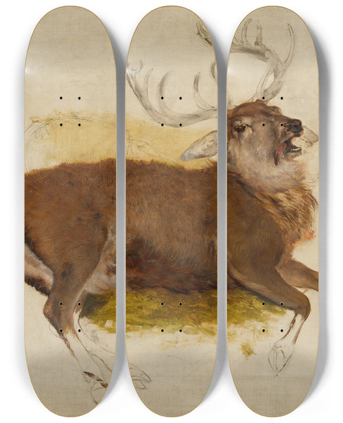 Triptych art skateboard deck of Sir Edwin Henry Landseer Dying Stag by Sir Edwin Henry Landseer (1802-1873)
