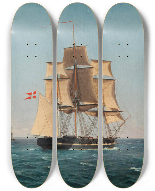 Triptych art skateboard deck of Christoffer Wilhelm Eckersberg The Corvette Najaden Under Sail_2 by Christoffer Wilhelm Eckersberg (1783-1853)
