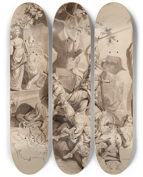 Triptych art skateboard deck of Ferdinand Fellner Heraldic Allegory Or Study For Ludwig Ii Mausoleum by Ferdinand Fellner (1799-1859)