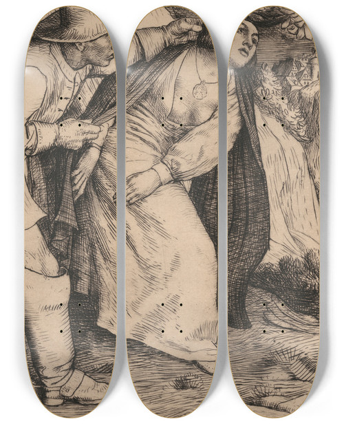 Triptych art skateboard deck of William Strang The Hangmans Daughter by William Strang (1859-1921)