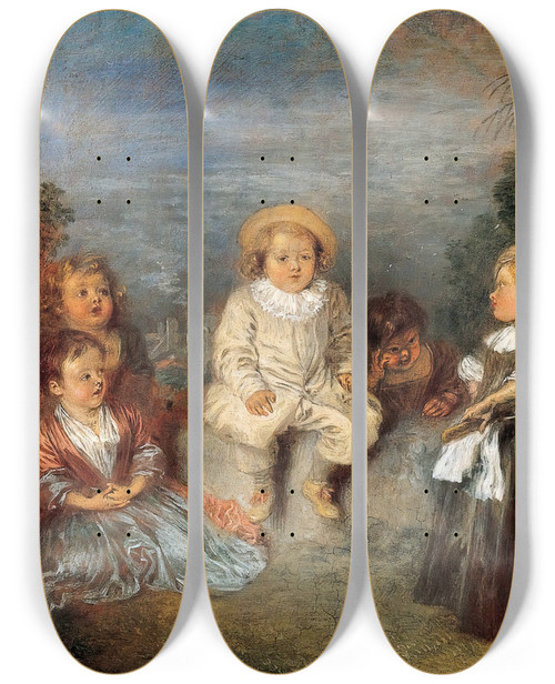 Triptych art skateboard deck of Jeanantoine Watteau Heureux Age Age Dor Happy Age Golden Age by Jean-Antoine Watteau (1684-1721)