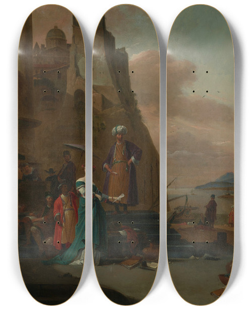 Triptych art skateboard deck of Thomas Wijck Elegant Figures Including A Man In Turkish Dress On The Quay Of A Mediterranean Port by Thomas Wijck (1616-1677)
