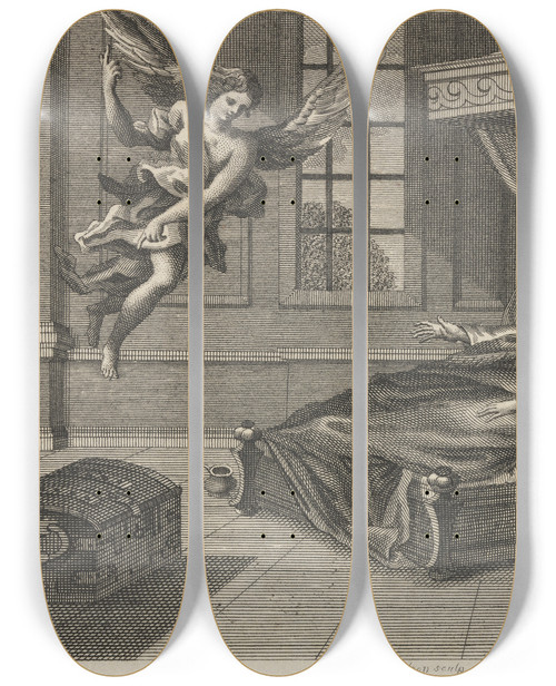 Triptych art skateboard deck of John Wootton Fable Xxvii The Sick Man And The Angel by John Wootton (1686-1765)