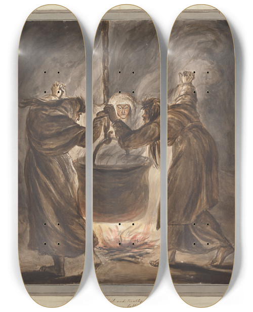 Triptych art skateboard deck of Mary Hoare The Three Witches From Macbeth Double Double Toil And Trouble by Mary Hoare (1753-1820)