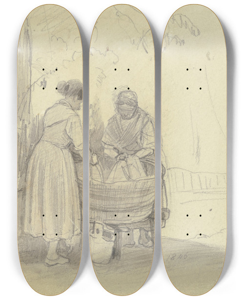 Triptych art skateboard deck of Jakob Frchtegott Dielmann Zwei Wscherinnen Unter Einem Baum An Der Waschbtte Die Eine Von Hinten Die Andere Von Vorne by Jakob Furchtegott Dielmann (1809-1885)
