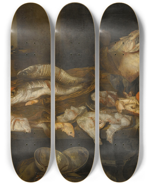 Triptych art skateboard deck of Abraham Van Beijeren A Still Life Withsalmon Plaice A Crab And Other Fish Arranged On A Table Aview Of Thesea Beyond by Abraham Van Beyeren (1620-1690)