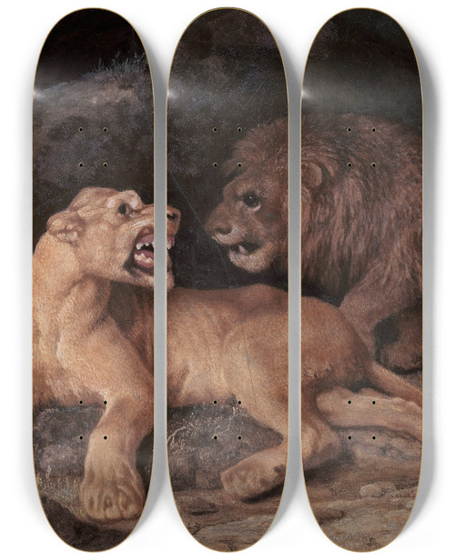 Triptych art skateboard deck of George Stubbs Lion And Lioness by George Stubbs (1724-1806)