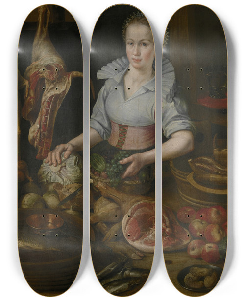 Triptych art skateboard deck of Circle Of Lucas Van Valckenborch The Kitchen Maid by Circle Of Lucas Van Valckenborch