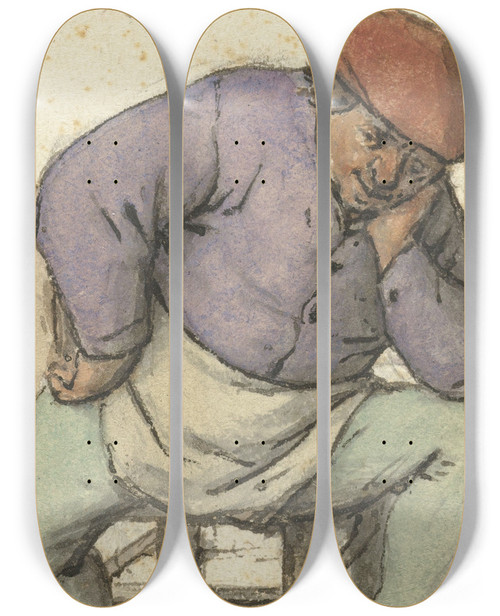 Triptych art skateboard deck of Adriaen Van Ostade Seated Man With His Left Foot On A Stove by Adriaen Van Ostade (1610-1684)
