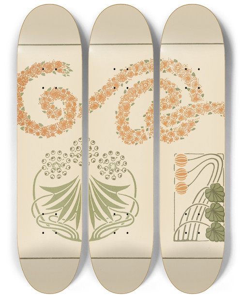 Triptych art skateboard deck of Maurice Pillard Verneuil Abstract Design Based On Flowers And Garlands by Maurice Pillard Verneuil (1869-1942)