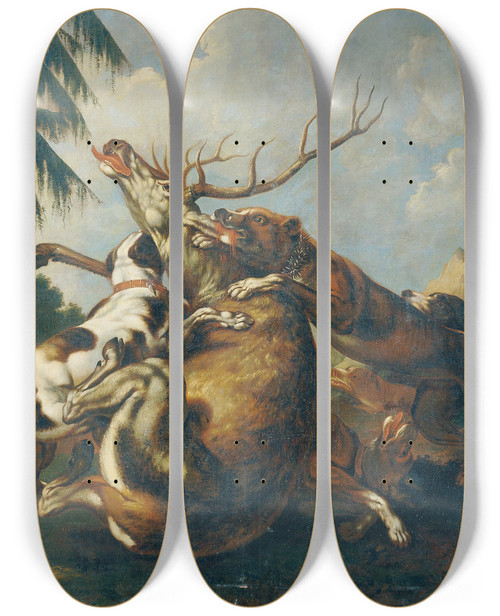 Triptych art skateboard deck of Benno Raffael Adam Hirschjagd by Benno Raffael Adam (1812-1892)