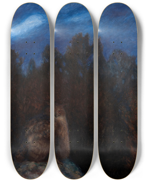 Triptych art skateboard deck of Bruno Liljefors The Eagle Owl Deep In The Forest by Bruno Liljefors (1860-1939)