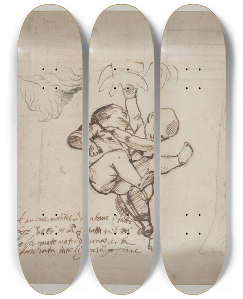 Triptych art skateboard deck of Pietro Testa Studie Til To Legende Putti Blade Og En Draperet Figur Med En Urne by Pietro Testa (1612-1650)