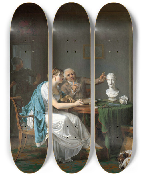 Triptych art skateboard deck of Louis Moritz The Drawing Lesson by Louis Moritz (1773-1850)
