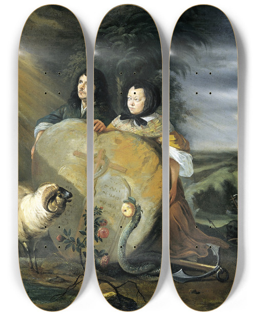 Triptych art skateboard deck of Johann Heinrich Roos Self Portrait With His Wife And Symbols Of The Christian Faith by Johann Heinrich Roos (1631-1685)