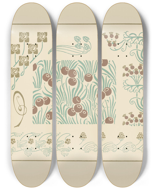 Triptych art skateboard deck of Maurice Pillard Verneuil Abstract Design Based On Berries And Flower Buds by Maurice Pillard Verneuil (1869-1942)