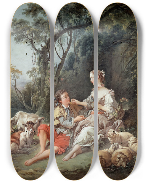 Triptych art skateboard deck of Franois Boucher Pensetil Aux Raisins by Francois Boucher (1703-1770)