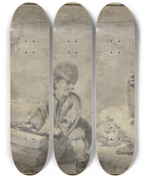 Triptych art skateboard deck of Pieter Wouwerman Zwei Knaben Bei Einem Hunde Der In Der Mitte Liegt by Pieter Wouwerman (1623-1682)
