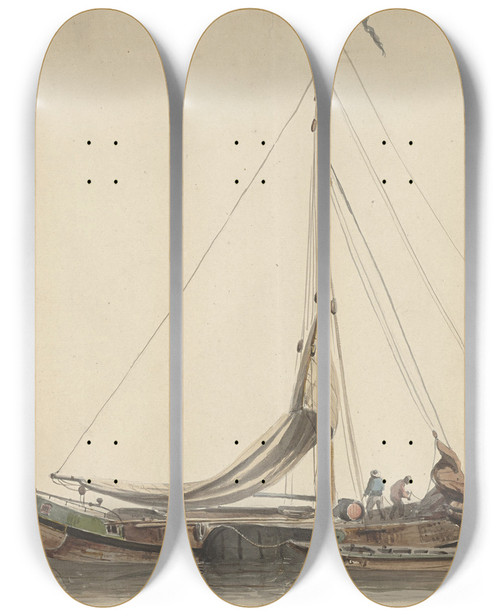 Triptych art skateboard deck of Adrianus Eversen Twee Mannen Werkend Op Een Platbodem Met Gestreken Zeilen by Adrianus Eversen (1818-1897)